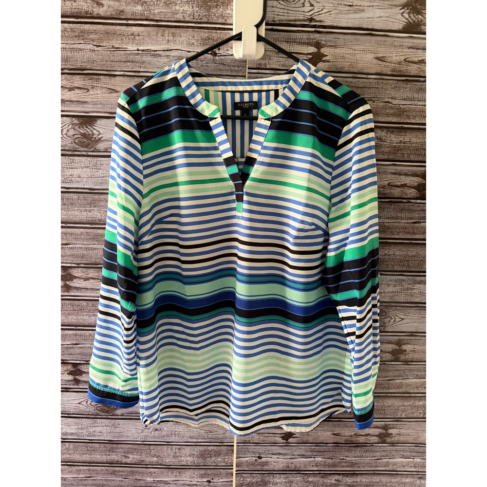 Talbots Petites Women's Long-Sleeved Top Size LP Striped V-Neck Tab Sleeves